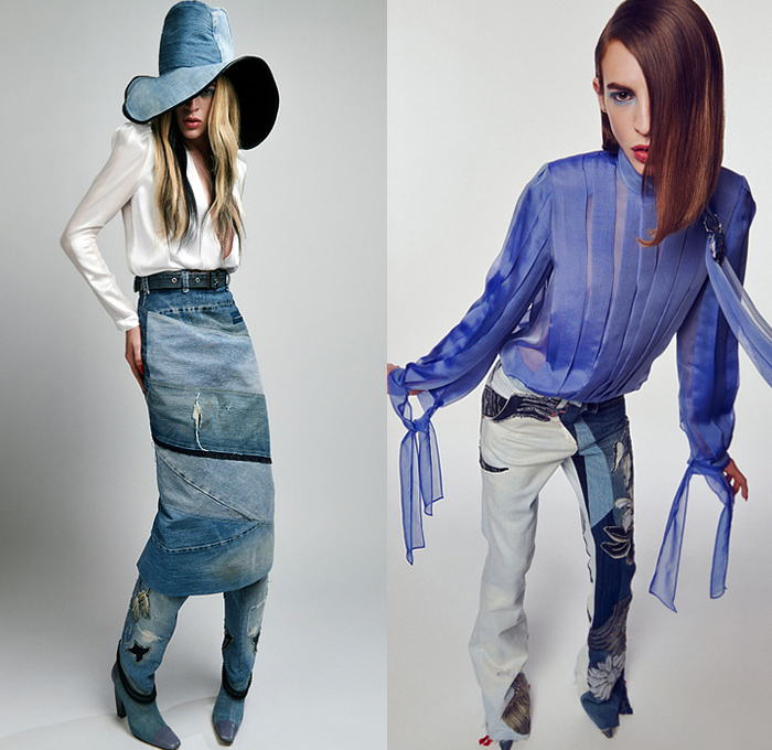 Ronald van der Kemp 2022 Spring Couture Womens Lookbook Presentation - Haute Couture High Fashion - Spiral Denim Jeans Sheer Tulle Blouse Patches Flowers Floral Embroidery Leg O'Mutton Shoulders Tiered Sculptural Quilted Jacket Crop Top Midriff Paint Turtleneck Tights Leggings Crystals Ruffles Onesie Jumpsuit MC Hammer Pants Gold Brocade Miniskirt Geometric Stained Glass Bandeau Tiles Dress Gown One Shoulder Mono-Legged Wings Bow Draped Veil Pagoda Sleeves Coat Boots Heels