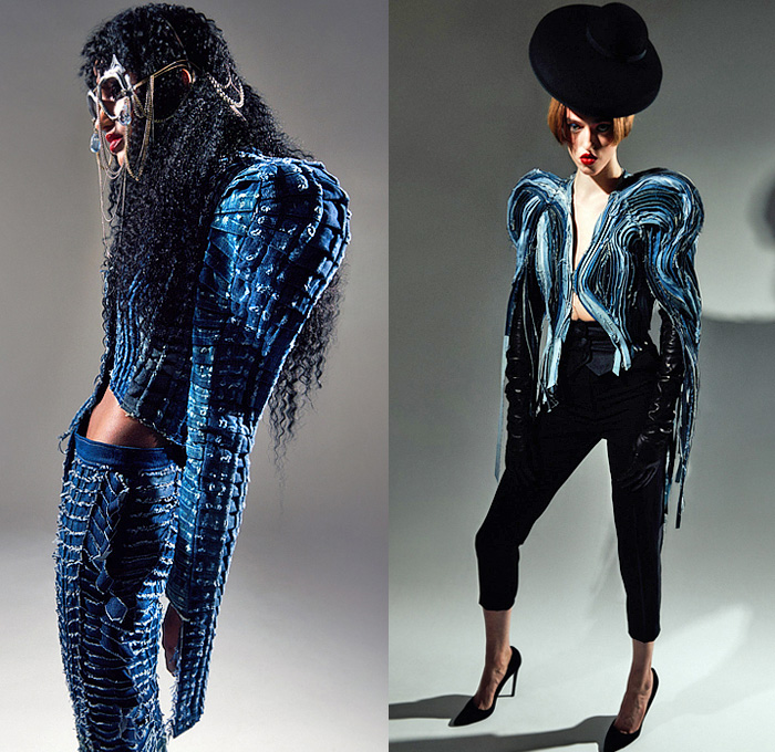 Ronald van der Kemp 2022 Spring Couture Womens Lookbook Presentation - Haute Couture High Fashion - Spiral Denim Jeans Sheer Tulle Blouse Patches Flowers Floral Embroidery Leg O'Mutton Shoulders Tiered Sculptural Quilted Jacket Crop Top Midriff Paint Turtleneck Tights Leggings Crystals Ruffles Onesie Jumpsuit MC Hammer Pants Gold Brocade Miniskirt Geometric Stained Glass Bandeau Tiles Dress Gown One Shoulder Mono-Legged Wings Bow Draped Veil Pagoda Sleeves Coat Boots Heels