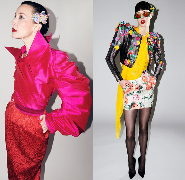 Ronald van der Kemp 2022 Spring Couture Womens Lookbook Presentation - Haute Couture High Fashion - Spiral Denim Jeans Sheer Tulle Blouse Patches Flowers Floral Embroidery Leg O'Mutton Shoulders Tiered Sculptural Quilted Jacket Crop Top Midriff Paint Turtleneck Tights Leggings Crystals Ruffles Onesie Jumpsuit MC Hammer Pants Gold Brocade Miniskirt Geometric Stained Glass Bandeau Tiles Dress Gown One Shoulder Mono-Legged Wings Bow Draped Veil Pagoda Sleeves Coat Boots Heels