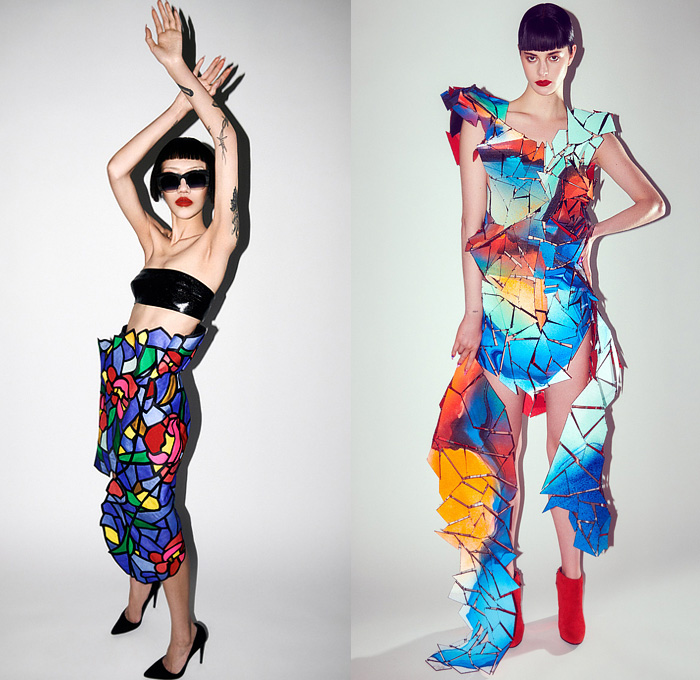 Ronald van der Kemp 2022 Spring Couture Womens Lookbook Presentation - Haute Couture High Fashion - Spiral Denim Jeans Sheer Tulle Blouse Patches Flowers Floral Embroidery Leg O'Mutton Shoulders Tiered Sculptural Quilted Jacket Crop Top Midriff Paint Turtleneck Tights Leggings Crystals Ruffles Onesie Jumpsuit MC Hammer Pants Gold Brocade Miniskirt Geometric Stained Glass Bandeau Tiles Dress Gown One Shoulder Mono-Legged Wings Bow Draped Veil Pagoda Sleeves Coat Boots Heels