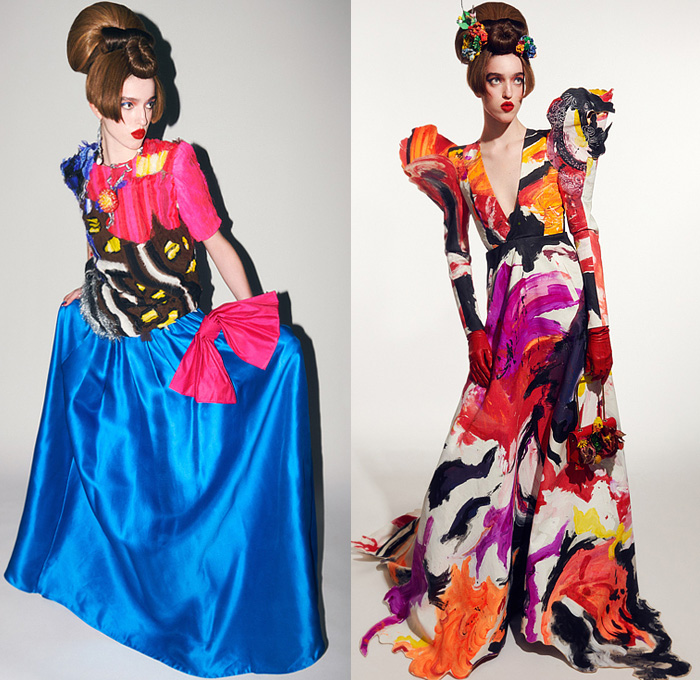 Ronald van der Kemp 2022 Spring Couture Womens Lookbook Presentation - Haute Couture High Fashion - Spiral Denim Jeans Sheer Tulle Blouse Patches Flowers Floral Embroidery Leg O'Mutton Shoulders Tiered Sculptural Quilted Jacket Crop Top Midriff Paint Turtleneck Tights Leggings Crystals Ruffles Onesie Jumpsuit MC Hammer Pants Gold Brocade Miniskirt Geometric Stained Glass Bandeau Tiles Dress Gown One Shoulder Mono-Legged Wings Bow Draped Veil Pagoda Sleeves Coat Boots Heels