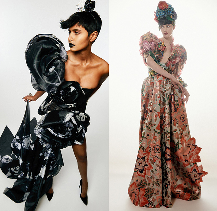 Ronald van der Kemp 2022 Spring Couture Womens Lookbook Presentation - Haute Couture High Fashion - Spiral Denim Jeans Sheer Tulle Blouse Patches Flowers Floral Embroidery Leg O'Mutton Shoulders Tiered Sculptural Quilted Jacket Crop Top Midriff Paint Turtleneck Tights Leggings Crystals Ruffles Onesie Jumpsuit MC Hammer Pants Gold Brocade Miniskirt Geometric Stained Glass Bandeau Tiles Dress Gown One Shoulder Mono-Legged Wings Bow Draped Veil Pagoda Sleeves Coat Boots Heels