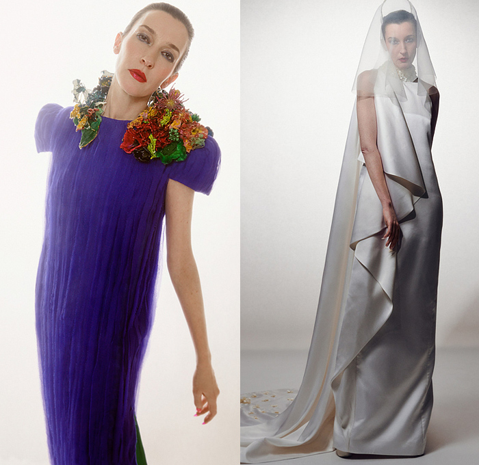 Ronald van der Kemp 2022 Spring Couture Womens Lookbook Presentation - Haute Couture High Fashion - Spiral Denim Jeans Sheer Tulle Blouse Patches Flowers Floral Embroidery Leg O'Mutton Shoulders Tiered Sculptural Quilted Jacket Crop Top Midriff Paint Turtleneck Tights Leggings Crystals Ruffles Onesie Jumpsuit MC Hammer Pants Gold Brocade Miniskirt Geometric Stained Glass Bandeau Tiles Dress Gown One Shoulder Mono-Legged Wings Bow Draped Veil Pagoda Sleeves Coat Boots Heels