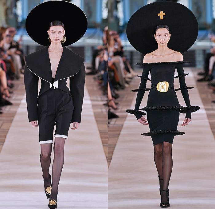 Schiaparelli 2022 Spring Couture Womens Runway Catwalk Looks - Haute Couture Avant Garde High Fashion - Planet Wide Brim Hat Gold Plated Swirls Giant Rings Plates Discs Sequins Gemstones Jewels Rhinestones Crystals Cabochons Sheer Tulle Veil Boxy Shoulders Cone Bra Strapless Tiara Sunburst Breastplate Feathers Wires Headdress Corset Pellegrina Blazer Jacket Cross Velvet Cinch Dress Gown Shorts Stockings Tights Bicycle Shorts Ruffles Branches Hands Trees Birds Chariot Horses Handbag