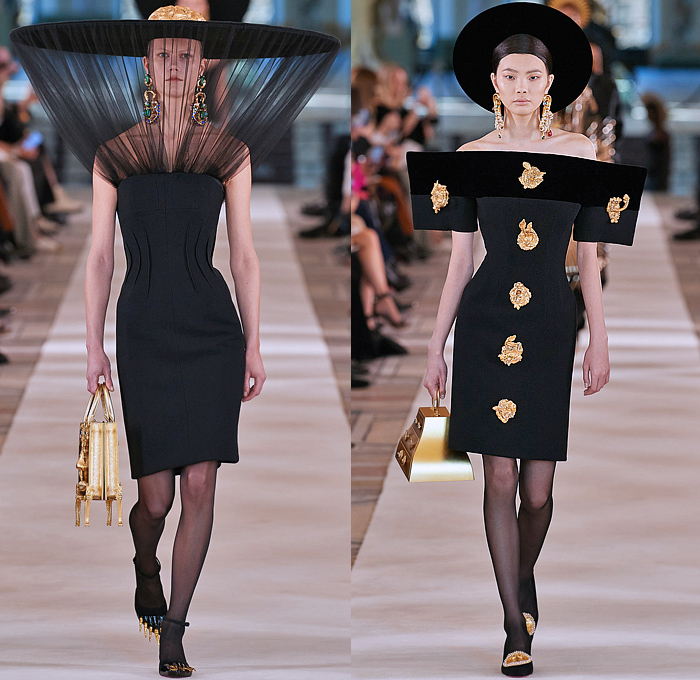 Schiaparelli 2022 Spring Couture Womens Runway Catwalk Looks - Haute Couture Avant Garde High Fashion - Planet Wide Brim Hat Gold Plated Swirls Giant Rings Plates Discs Sequins Gemstones Jewels Rhinestones Crystals Cabochons Sheer Tulle Veil Boxy Shoulders Cone Bra Strapless Tiara Sunburst Breastplate Feathers Wires Headdress Corset Pellegrina Blazer Jacket Cross Velvet Cinch Dress Gown Shorts Stockings Tights Bicycle Shorts Ruffles Branches Hands Trees Birds Chariot Horses Handbag