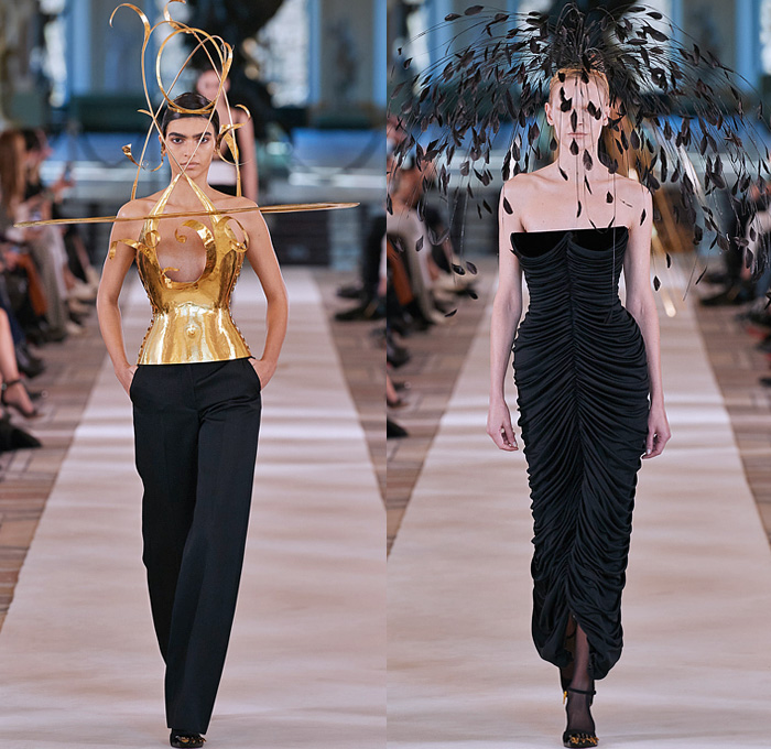 Schiaparelli 2022 Spring Couture Womens Runway Catwalk Looks - Haute Couture Avant Garde High Fashion - Planet Wide Brim Hat Gold Plated Swirls Giant Rings Plates Discs Sequins Gemstones Jewels Rhinestones Crystals Cabochons Sheer Tulle Veil Boxy Shoulders Cone Bra Strapless Tiara Sunburst Breastplate Feathers Wires Headdress Corset Pellegrina Blazer Jacket Cross Velvet Cinch Dress Gown Shorts Stockings Tights Bicycle Shorts Ruffles Branches Hands Trees Birds Chariot Horses Handbag