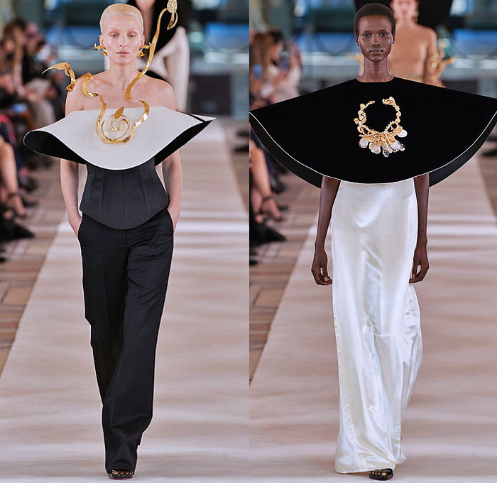 Schiaparelli 2022 Spring Couture Womens Runway Catwalk Looks - Haute Couture Avant Garde High Fashion - Planet Wide Brim Hat Gold Plated Swirls Giant Rings Plates Discs Sequins Gemstones Jewels Rhinestones Crystals Cabochons Sheer Tulle Veil Boxy Shoulders Cone Bra Strapless Tiara Sunburst Breastplate Feathers Wires Headdress Corset Pellegrina Blazer Jacket Cross Velvet Cinch Dress Gown Shorts Stockings Tights Bicycle Shorts Ruffles Branches Hands Trees Birds Chariot Horses Handbag