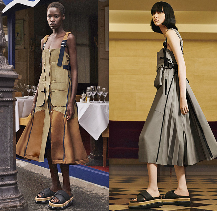 Sacai by Chitose Abe 2022 Resort Cruise Pre-Spring Womens Lookbook Presentation - ACRONYM Collaboration - Deconstructed Hybrid Rainwear Trench Coat Parka Camisole Lace Embroidery Trouserskirt Knit Sweater Straps Pinafore Dress Khakis Accordion Pleats Hoodie Tabard Basket Tribal Stripes Fringes Quilted Crop Top Midriff Patchwork Bomber Jacket Miniskirt Sweaterdress Bandana Paisley Plaid Check Sheer Tulle Tiered Blouse Onesie Jumpsuit Coveralls Tweed Sandals Micro Bag Baseball Cap