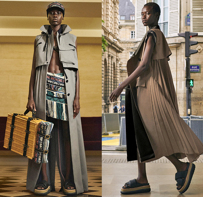 Sacai by Chitose Abe 2022 Resort Cruise Pre-Spring Womens Lookbook Presentation - ACRONYM Collaboration - Deconstructed Hybrid Rainwear Trench Coat Parka Camisole Lace Embroidery Trouserskirt Knit Sweater Straps Pinafore Dress Khakis Accordion Pleats Hoodie Tabard Basket Tribal Stripes Fringes Quilted Crop Top Midriff Patchwork Bomber Jacket Miniskirt Sweaterdress Bandana Paisley Plaid Check Sheer Tulle Tiered Blouse Onesie Jumpsuit Coveralls Tweed Sandals Micro Bag Baseball Cap