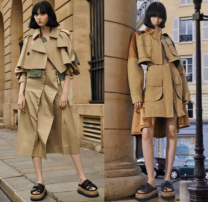 Sacai by Chitose Abe 2022 Resort Cruise Pre-Spring Womens Lookbook Presentation - ACRONYM Collaboration - Deconstructed Hybrid Rainwear Trench Coat Parka Camisole Lace Embroidery Trouserskirt Knit Sweater Straps Pinafore Dress Khakis Accordion Pleats Hoodie Tabard Basket Tribal Stripes Fringes Quilted Crop Top Midriff Patchwork Bomber Jacket Miniskirt Sweaterdress Bandana Paisley Plaid Check Sheer Tulle Tiered Blouse Onesie Jumpsuit Coveralls Tweed Sandals Micro Bag Baseball Cap