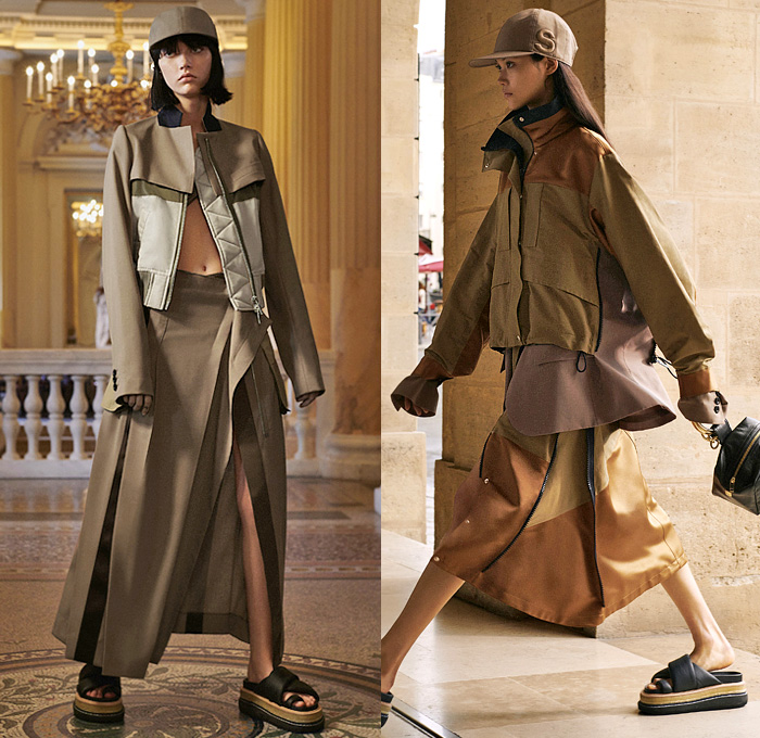 Sacai by Chitose Abe 2022 Resort Cruise Pre-Spring Womens Lookbook Presentation - ACRONYM Collaboration - Deconstructed Hybrid Rainwear Trench Coat Parka Camisole Lace Embroidery Trouserskirt Knit Sweater Straps Pinafore Dress Khakis Accordion Pleats Hoodie Tabard Basket Tribal Stripes Fringes Quilted Crop Top Midriff Patchwork Bomber Jacket Miniskirt Sweaterdress Bandana Paisley Plaid Check Sheer Tulle Tiered Blouse Onesie Jumpsuit Coveralls Tweed Sandals Micro Bag Baseball Cap