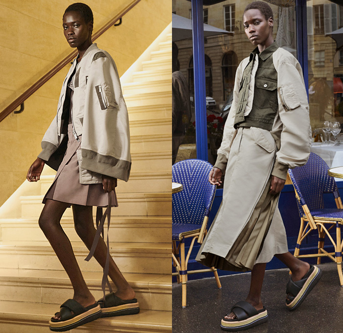 Sacai by Chitose Abe 2022 Resort Cruise Pre-Spring Womens Lookbook Presentation - ACRONYM Collaboration - Deconstructed Hybrid Rainwear Trench Coat Parka Camisole Lace Embroidery Trouserskirt Knit Sweater Straps Pinafore Dress Khakis Accordion Pleats Hoodie Tabard Basket Tribal Stripes Fringes Quilted Crop Top Midriff Patchwork Bomber Jacket Miniskirt Sweaterdress Bandana Paisley Plaid Check Sheer Tulle Tiered Blouse Onesie Jumpsuit Coveralls Tweed Sandals Micro Bag Baseball Cap