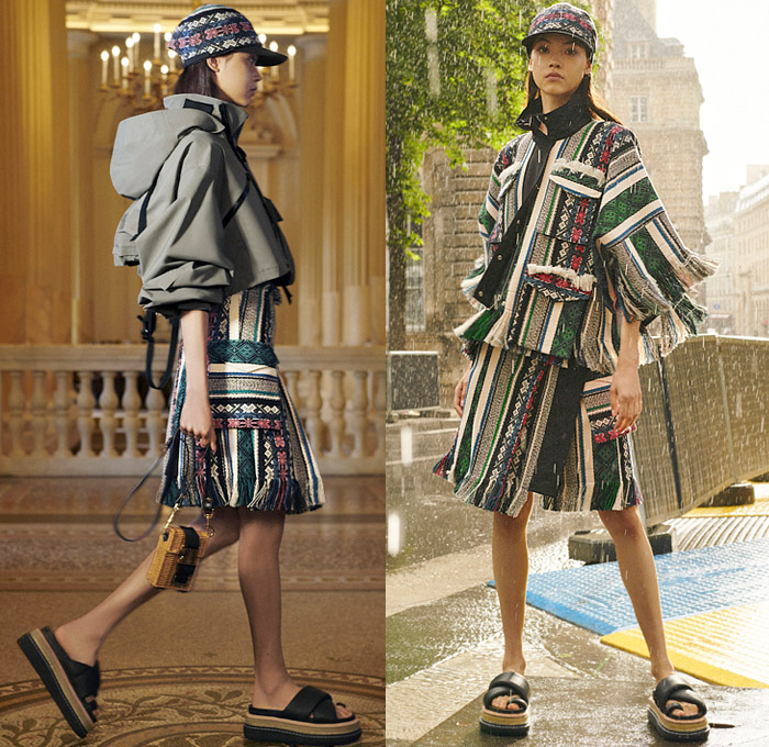 Sacai by Chitose Abe 2022 Resort Cruise Pre-Spring Womens Lookbook Presentation - ACRONYM Collaboration - Deconstructed Hybrid Rainwear Trench Coat Parka Camisole Lace Embroidery Trouserskirt Knit Sweater Straps Pinafore Dress Khakis Accordion Pleats Hoodie Tabard Basket Tribal Stripes Fringes Quilted Crop Top Midriff Patchwork Bomber Jacket Miniskirt Sweaterdress Bandana Paisley Plaid Check Sheer Tulle Tiered Blouse Onesie Jumpsuit Coveralls Tweed Sandals Micro Bag Baseball Cap