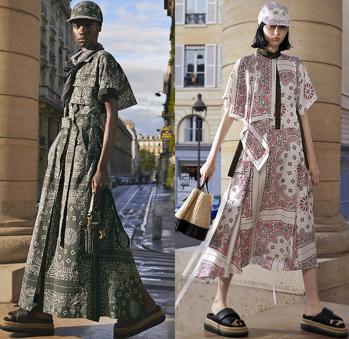 Sacai by Chitose Abe 2022 Resort Cruise Pre-Spring Womens Lookbook Presentation - ACRONYM Collaboration - Deconstructed Hybrid Rainwear Trench Coat Parka Camisole Lace Embroidery Trouserskirt Knit Sweater Straps Pinafore Dress Khakis Accordion Pleats Hoodie Tabard Basket Tribal Stripes Fringes Quilted Crop Top Midriff Patchwork Bomber Jacket Miniskirt Sweaterdress Bandana Paisley Plaid Check Sheer Tulle Tiered Blouse Onesie Jumpsuit Coveralls Tweed Sandals Micro Bag Baseball Cap