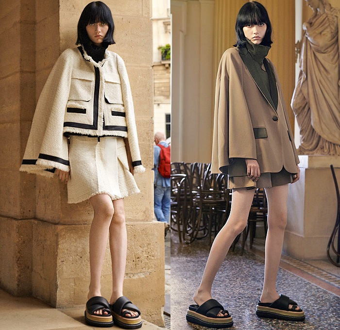 Sacai by Chitose Abe 2022 Resort Cruise Pre-Spring Womens Lookbook Presentation - ACRONYM Collaboration - Deconstructed Hybrid Rainwear Trench Coat Parka Camisole Lace Embroidery Trouserskirt Knit Sweater Straps Pinafore Dress Khakis Accordion Pleats Hoodie Tabard Basket Tribal Stripes Fringes Quilted Crop Top Midriff Patchwork Bomber Jacket Miniskirt Sweaterdress Bandana Paisley Plaid Check Sheer Tulle Tiered Blouse Onesie Jumpsuit Coveralls Tweed Sandals Micro Bag Baseball Cap