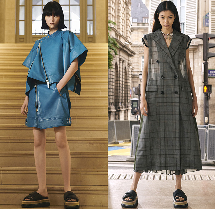 Sacai by Chitose Abe 2022 Resort Cruise Pre-Spring Womens Lookbook Presentation - ACRONYM Collaboration - Deconstructed Hybrid Rainwear Trench Coat Parka Camisole Lace Embroidery Trouserskirt Knit Sweater Straps Pinafore Dress Khakis Accordion Pleats Hoodie Tabard Basket Tribal Stripes Fringes Quilted Crop Top Midriff Patchwork Bomber Jacket Miniskirt Sweaterdress Bandana Paisley Plaid Check Sheer Tulle Tiered Blouse Onesie Jumpsuit Coveralls Tweed Sandals Micro Bag Baseball Cap