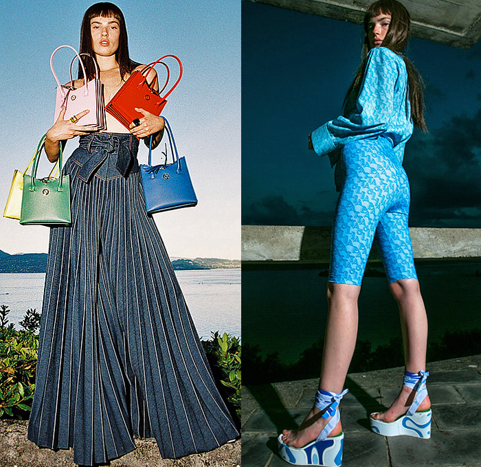 Sara Battaglia 2022 Spring Summer Womens Lookbook Presentation - Casa La Scala Lago di Garda Good Times - Kaleidoscopic Retro Mod Swirl Print Logo Blouse Motorcycle Biker Coat Colorful Stripes Pussycat Bow Blazer Silk Satin Tied Knot Hoodie Sweatshirt Maxi Dress Strapless Gown Fringes Metallic Embroidery Poufy Shoulders Puff Sleeves Wide Leg Accordion Pleats Palazzo Pants Bicycle Cycling Compression Shorts Miniskirt Leggings Tights Handbag Gladiator Wedge Sandals Floppy Hat