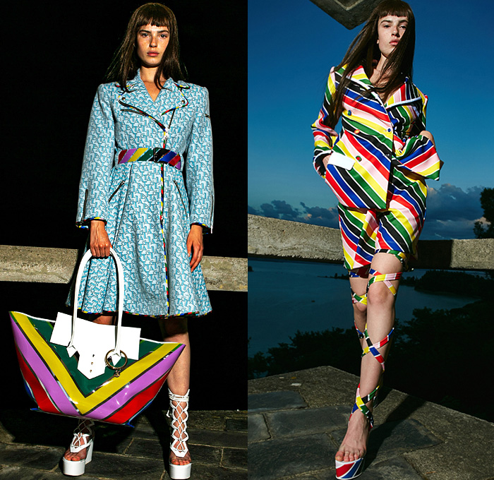 Sara Battaglia 2022 Spring Summer Womens Lookbook Presentation - Casa La Scala Lago di Garda Good Times - Kaleidoscopic Retro Mod Swirl Print Logo Blouse Motorcycle Biker Coat Colorful Stripes Pussycat Bow Blazer Silk Satin Tied Knot Hoodie Sweatshirt Maxi Dress Strapless Gown Fringes Metallic Embroidery Poufy Shoulders Puff Sleeves Wide Leg Accordion Pleats Palazzo Pants Bicycle Cycling Compression Shorts Miniskirt Leggings Tights Handbag Gladiator Wedge Sandals Floppy Hat