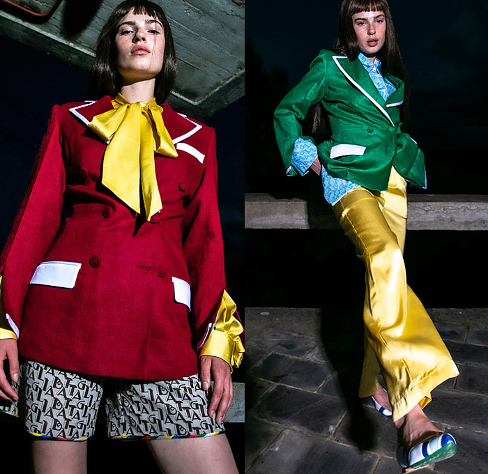 Sara Battaglia 2022 Spring Summer Womens Lookbook Presentation - Casa La Scala Lago di Garda Good Times - Kaleidoscopic Retro Mod Swirl Print Logo Blouse Motorcycle Biker Coat Colorful Stripes Pussycat Bow Blazer Silk Satin Tied Knot Hoodie Sweatshirt Maxi Dress Strapless Gown Fringes Metallic Embroidery Poufy Shoulders Puff Sleeves Wide Leg Accordion Pleats Palazzo Pants Bicycle Cycling Compression Shorts Miniskirt Leggings Tights Handbag Gladiator Wedge Sandals Floppy Hat