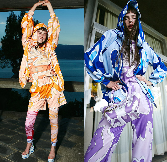 Sara Battaglia 2022 Spring Summer Womens Lookbook Presentation - Casa La Scala Lago di Garda Good Times - Kaleidoscopic Retro Mod Swirl Print Logo Blouse Motorcycle Biker Coat Colorful Stripes Pussycat Bow Blazer Silk Satin Tied Knot Hoodie Sweatshirt Maxi Dress Strapless Gown Fringes Metallic Embroidery Poufy Shoulders Puff Sleeves Wide Leg Accordion Pleats Palazzo Pants Bicycle Cycling Compression Shorts Miniskirt Leggings Tights Handbag Gladiator Wedge Sandals Floppy Hat