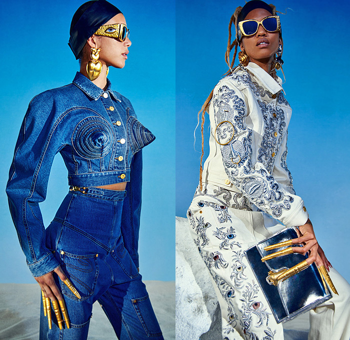 Schiaparelli 2022 Spring Summer Womens Lookbook Presentation - Mode à Paris Fashion Week France - Anatomy Gold Resin Cones Denim Jeans Crop Top Midriff Sequins Chain Mesh Swimsuit Halterneck Blazer Jacket Stripes Padlock Pantsuit Wide Leg Onesie Shirtdress Knit Leotard Playsuit Bike Cycling Shorts Flowers Floral Quilted Puffer Parka Robe Coat Tape Measure Leggings Tights Fringes Tassels Dress Lace Embroidery Strapless Gown Sheer Tulle Ruffles Stockings Platforms Handbag Umbrella Hat 