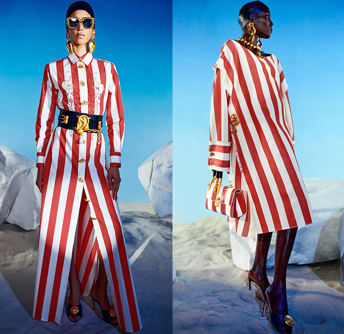 Schiaparelli 2022 Spring Summer Womens Lookbook Presentation - Mode à Paris Fashion Week France - Anatomy Gold Resin Cones Denim Jeans Crop Top Midriff Sequins Chain Mesh Swimsuit Halterneck Blazer Jacket Stripes Padlock Pantsuit Wide Leg Onesie Shirtdress Knit Leotard Playsuit Bike Cycling Shorts Flowers Floral Quilted Puffer Parka Robe Coat Tape Measure Leggings Tights Fringes Tassels Dress Lace Embroidery Strapless Gown Sheer Tulle Ruffles Stockings Platforms Handbag Umbrella Hat 