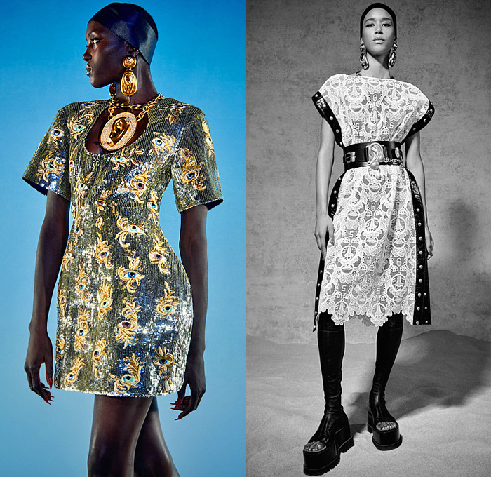 Schiaparelli 2022 Spring Summer Womens Lookbook Presentation - Mode à Paris Fashion Week France - Anatomy Gold Resin Cones Denim Jeans Crop Top Midriff Sequins Chain Mesh Swimsuit Halterneck Blazer Jacket Stripes Padlock Pantsuit Wide Leg Onesie Shirtdress Knit Leotard Playsuit Bike Cycling Shorts Flowers Floral Quilted Puffer Parka Robe Coat Tape Measure Leggings Tights Fringes Tassels Dress Lace Embroidery Strapless Gown Sheer Tulle Ruffles Stockings Platforms Handbag Umbrella Hat 