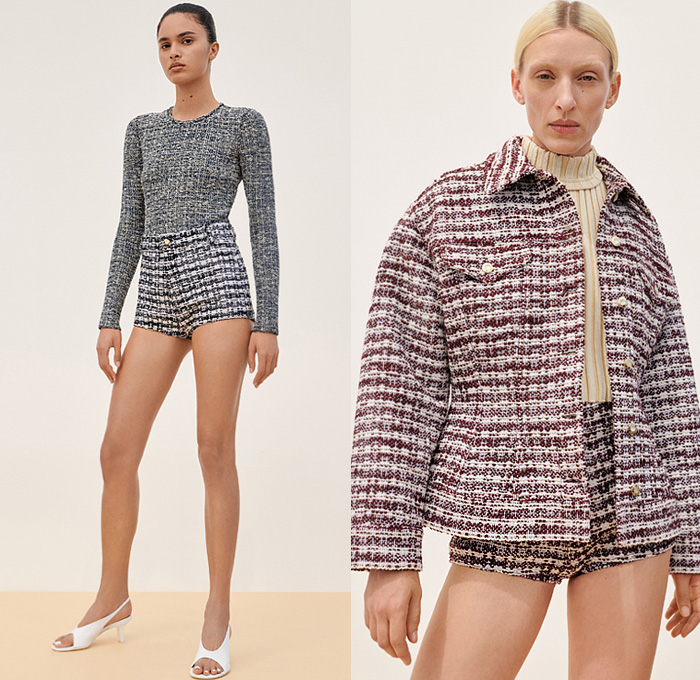 St. John 2022 Resort Cruise Pre-Spring Womens Lookbook Presentation - Iridescent Coat Stretch Tweed Knit Weave Onesie Leotard Playsuit Catsuit Jumpsuit Cargo Pockets Turtleneck Ribbed Sweater Crop Top Midriff Bralette Miniskirt Blazer Bedazzled Sequins Embroidery Waves Stripes Wide Lapel Wrap Jean Trucker Jacket Bodycon Body Contour Cocktail Party Twist Silk Satin Dress Leopard Cheetah Hotpants Bicycle Cycling Shorts Leggings Tights Kitten Heels