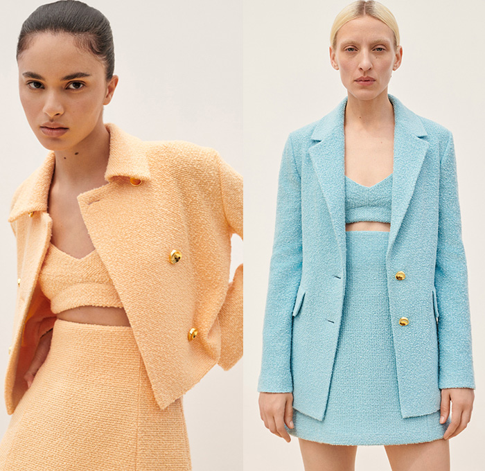 St. John 2022 Resort Cruise Pre-Spring Womens Lookbook Presentation - Iridescent Coat Stretch Tweed Knit Weave Onesie Leotard Playsuit Catsuit Jumpsuit Cargo Pockets Turtleneck Ribbed Sweater Crop Top Midriff Bralette Miniskirt Blazer Bedazzled Sequins Embroidery Waves Stripes Wide Lapel Wrap Jean Trucker Jacket Bodycon Body Contour Cocktail Party Twist Silk Satin Dress Leopard Cheetah Hotpants Bicycle Cycling Shorts Leggings Tights Kitten Heels