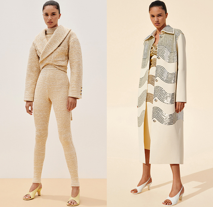 St. John 2022 Resort Cruise Pre-Spring Womens Lookbook Presentation - Iridescent Coat Stretch Tweed Knit Weave Onesie Leotard Playsuit Catsuit Jumpsuit Cargo Pockets Turtleneck Ribbed Sweater Crop Top Midriff Bralette Miniskirt Blazer Bedazzled Sequins Embroidery Waves Stripes Wide Lapel Wrap Jean Trucker Jacket Bodycon Body Contour Cocktail Party Twist Silk Satin Dress Leopard Cheetah Hotpants Bicycle Cycling Shorts Leggings Tights Kitten Heels