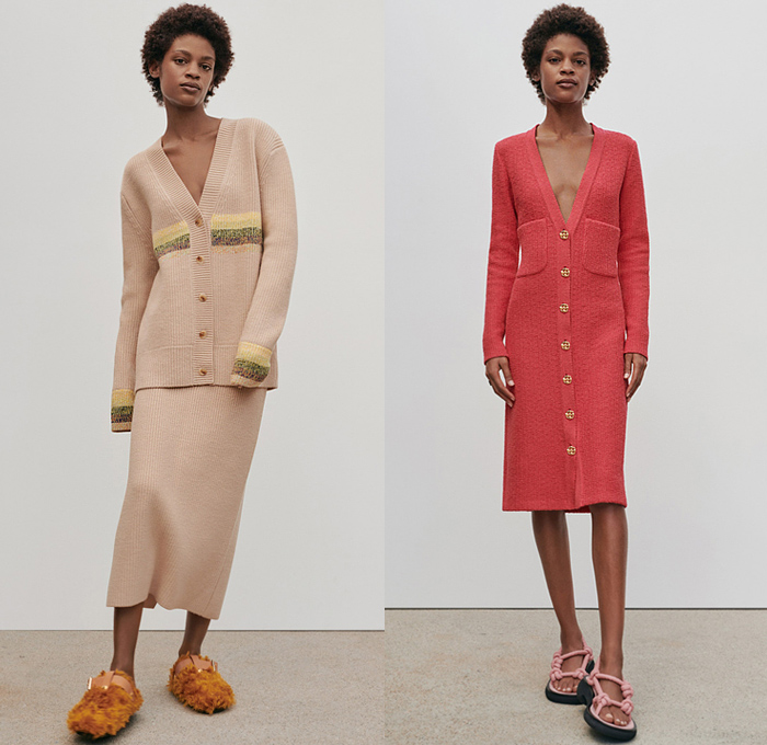 St. John 2022 Spring Summer Womens Lookbook Collection Presentation - New York Fashion Week NYFW - Trench Coat Rainwear Flowers Floral Prairie Church Dress Fishnet Sheer Tulle Gown Cape Cloak Long Sleeve Zipper Skirt Knit Tweed Woven Cardigan Sweater Onesie Romper Combishorts Playsuit Leotard Pockets Cargo Pants Wide Leg Shorts Argyle Stripes Cardigandress Strapless Bustier Crop Top Midriff Plaid Check Cocktail Jacket Tuxedo Stripe Furry Clogs Rope Sandals