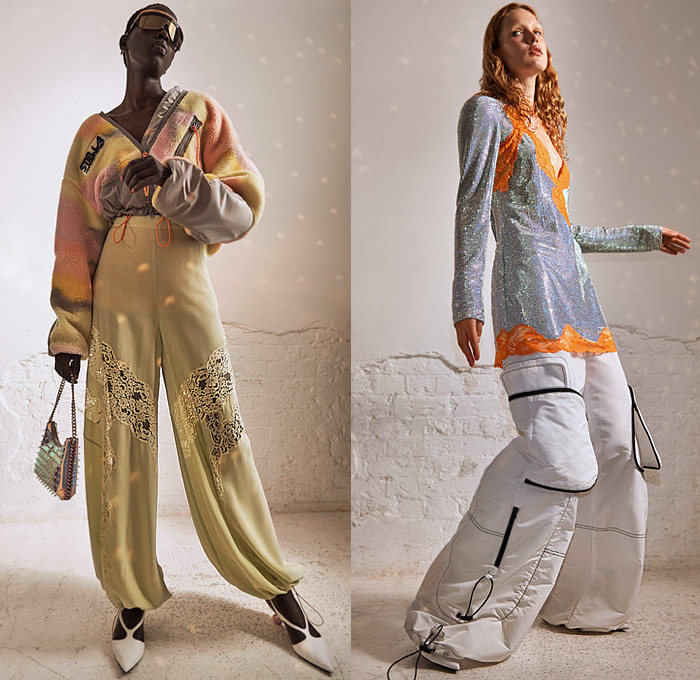 Stella McCartney 2022 Resort Cruise Pre-Spring Womens Lookbook Presentation - 1970s Seventies Psychedelic Logo Print Drawstring Cinch Quilted Puffer Crop Top Midriff Knit Cardigan Sweater Vest Stripes Fleece Sweatshirt Lace Embroidery Loungewear Nightgown Camisole Pea Coat Parka Blazerdress Bomber Jacket Metallic Party Dress Maternity Pantsuit Cargo Pockets Leggings Tights Bicycle Shorts Wide Leg Palazzo Pants Crystals Studs Hobo Handbag Spikes Sandals Kitten Heels Sunglasses Boots