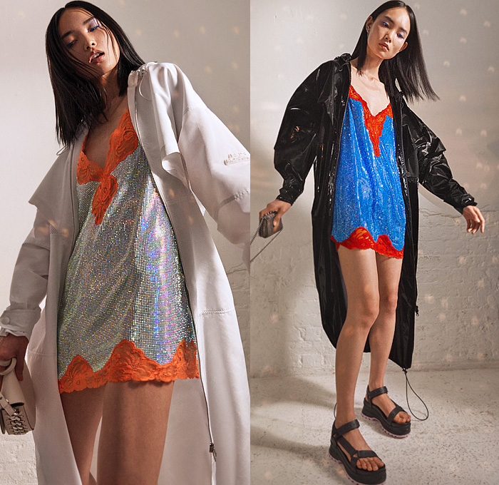 Stella McCartney 2022 Resort Cruise Pre-Spring Womens Lookbook Presentation - 1970s Seventies Psychedelic Logo Print Drawstring Cinch Quilted Puffer Crop Top Midriff Knit Cardigan Sweater Vest Stripes Fleece Sweatshirt Lace Embroidery Loungewear Nightgown Camisole Pea Coat Parka Blazerdress Bomber Jacket Metallic Party Dress Maternity Pantsuit Cargo Pockets Leggings Tights Bicycle Shorts Wide Leg Palazzo Pants Crystals Studs Hobo Handbag Spikes Sandals Kitten Heels Sunglasses Boots