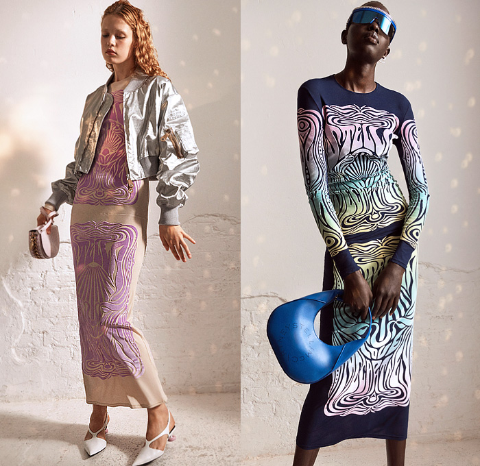 Stella McCartney 2022 Resort Cruise Pre-Spring Womens Lookbook Presentation - 1970s Seventies Psychedelic Logo Print Drawstring Cinch Quilted Puffer Crop Top Midriff Knit Cardigan Sweater Vest Stripes Fleece Sweatshirt Lace Embroidery Loungewear Nightgown Camisole Pea Coat Parka Blazerdress Bomber Jacket Metallic Party Dress Maternity Pantsuit Cargo Pockets Leggings Tights Bicycle Shorts Wide Leg Palazzo Pants Crystals Studs Hobo Handbag Spikes Sandals Kitten Heels Sunglasses Boots