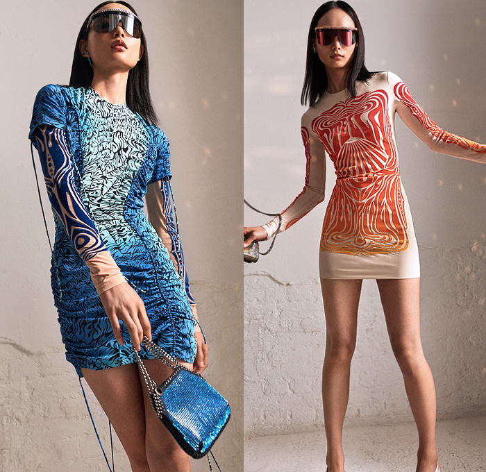 Stella McCartney 2022 Resort Cruise Pre-Spring Womens Lookbook Presentation - 1970s Seventies Psychedelic Logo Print Drawstring Cinch Quilted Puffer Crop Top Midriff Knit Cardigan Sweater Vest Stripes Fleece Sweatshirt Lace Embroidery Loungewear Nightgown Camisole Pea Coat Parka Blazerdress Bomber Jacket Metallic Party Dress Maternity Pantsuit Cargo Pockets Leggings Tights Bicycle Shorts Wide Leg Palazzo Pants Crystals Studs Hobo Handbag Spikes Sandals Kitten Heels Sunglasses Boots