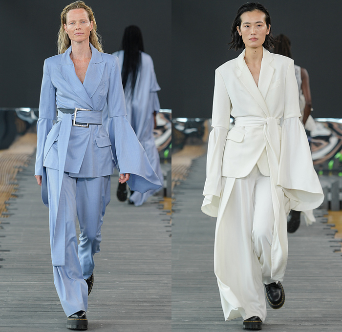 Teatum Jones 2022 Spring Summer Womens Runway Looks Collection - Copenhagen Fashion Week Denmark CPHFW København - Check Plaid Patchwork Patches Blazer Poufy Shoulders Puff Sleeves Bell Hem Long Sleeve Blouse Flowers Floral Grapes Fruits Trucker Denim Jean Jacket Leopard Knit Sweater Cutout Holes Tiles Geometric Silk Satin Pantsuit Tied Strapless Maxi Dress Gown Lace Embroidery Eyelets Sheer Tulle Tiered Accordion Pleats Ruffles Mesh Colorblock Hood Hijab Laces Grommets Skirt Boots