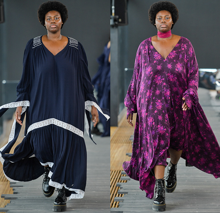 Teatum Jones 2022 Spring Summer Womens Runway Looks Collection - Copenhagen Fashion Week Denmark CPHFW København - Check Plaid Patchwork Patches Blazer Poufy Shoulders Puff Sleeves Bell Hem Long Sleeve Blouse Flowers Floral Grapes Fruits Trucker Denim Jean Jacket Leopard Knit Sweater Cutout Holes Tiles Geometric Silk Satin Pantsuit Tied Strapless Maxi Dress Gown Lace Embroidery Eyelets Sheer Tulle Tiered Accordion Pleats Ruffles Mesh Colorblock Hood Hijab Laces Grommets Skirt Boots