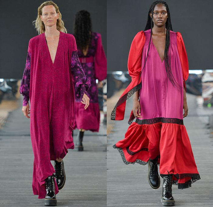 Teatum Jones 2022 Spring Summer Womens Runway Looks Collection - Copenhagen Fashion Week Denmark CPHFW København - Check Plaid Patchwork Patches Blazer Poufy Shoulders Puff Sleeves Bell Hem Long Sleeve Blouse Flowers Floral Grapes Fruits Trucker Denim Jean Jacket Leopard Knit Sweater Cutout Holes Tiles Geometric Silk Satin Pantsuit Tied Strapless Maxi Dress Gown Lace Embroidery Eyelets Sheer Tulle Tiered Accordion Pleats Ruffles Mesh Colorblock Hood Hijab Laces Grommets Skirt Boots