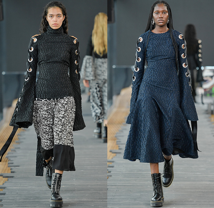 Teatum Jones 2022 Spring Summer Womens Runway Looks Collection - Copenhagen Fashion Week Denmark CPHFW København - Check Plaid Patchwork Patches Blazer Poufy Shoulders Puff Sleeves Bell Hem Long Sleeve Blouse Flowers Floral Grapes Fruits Trucker Denim Jean Jacket Leopard Knit Sweater Cutout Holes Tiles Geometric Silk Satin Pantsuit Tied Strapless Maxi Dress Gown Lace Embroidery Eyelets Sheer Tulle Tiered Accordion Pleats Ruffles Mesh Colorblock Hood Hijab Laces Grommets Skirt Boots