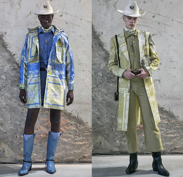 Thebe Magugu 2022 Spring Summer Lookbook Collection Presentation - Doublethink Whistleblowers Black Hat Bandits White Hat Heroes Jonathan Zapiro Political Cartoons Drawings Bandana Paisley Prints Cowboy Hat Trench Coat Parka Blood Stains Hands Black Wool Sisterhood Tunic Pockets Suit Blazer Bolo Tie Whistle Cape Cloak Check Plaid Logo Monogram Fringes Swirls Shawl Trucker Jacket Denim Jeans Wide Leg Culottes Cargo Pants Peel Away Shorts Cylindrical Handbag Micro Mini Bag Boots