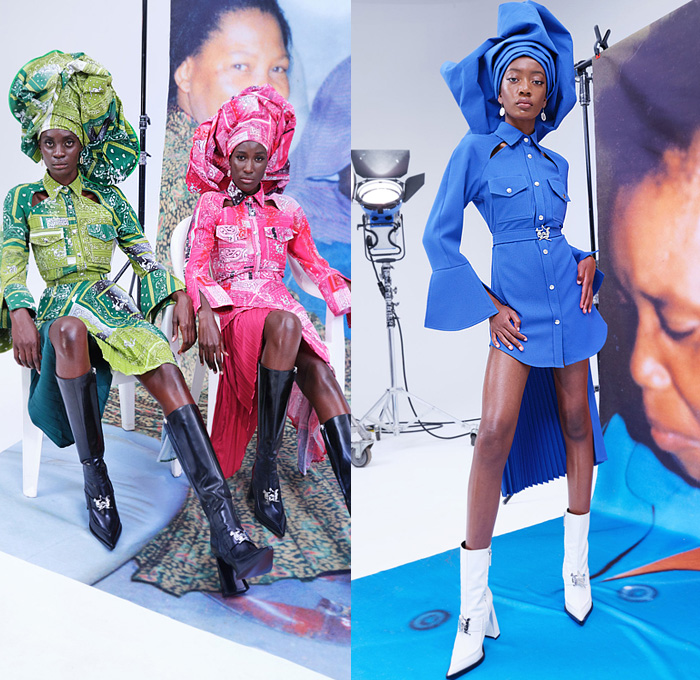 Thebe Magugu 2022 Spring Summer Womens Lookbook Presentation - Mode à Paris Fashion Week France - Genealogy Bandana Paisley Head Tie Cutout Holes Pockets Long Sleeve Blouse Accordion Pleats Bell Hem Shirtdress Onesie Brocade Jacquard Poufy Shoulders Puff Sleeves Blazer Jacket Pantsuit Sash Cape Poncho Spork Pot Photos Pictures Coat Handkerchief Hem Skirt Flowers Floral Dress Furry Turtleneck Knit Boatneck Fringes Trims Arm Warmers Patchwork Strapless Trenchdress Boots Kitten Heels