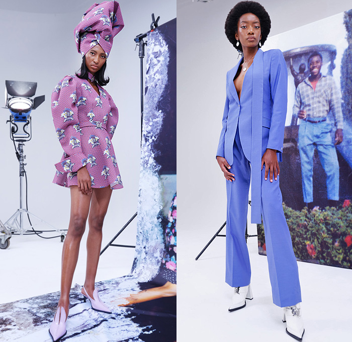 Thebe Magugu 2022 Spring Summer Womens Lookbook Presentation - Mode à Paris Fashion Week France - Genealogy Bandana Paisley Head Tie Cutout Holes Pockets Long Sleeve Blouse Accordion Pleats Bell Hem Shirtdress Onesie Brocade Jacquard Poufy Shoulders Puff Sleeves Blazer Jacket Pantsuit Sash Cape Poncho Spork Pot Photos Pictures Coat Handkerchief Hem Skirt Flowers Floral Dress Furry Turtleneck Knit Boatneck Fringes Trims Arm Warmers Patchwork Strapless Trenchdress Boots Kitten Heels