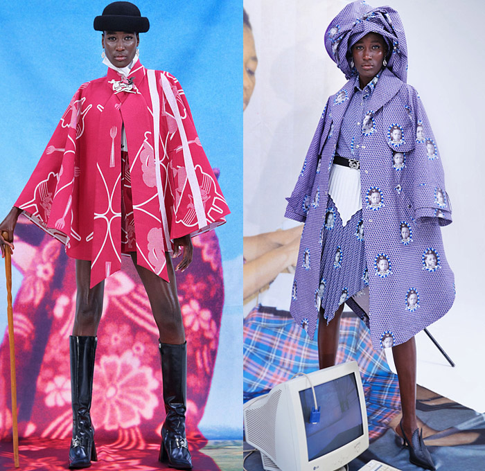 Thebe Magugu 2022 Spring Summer Womens Lookbook Presentation - Mode à Paris Fashion Week France - Genealogy Bandana Paisley Head Tie Cutout Holes Pockets Long Sleeve Blouse Accordion Pleats Bell Hem Shirtdress Onesie Brocade Jacquard Poufy Shoulders Puff Sleeves Blazer Jacket Pantsuit Sash Cape Poncho Spork Pot Photos Pictures Coat Handkerchief Hem Skirt Flowers Floral Dress Furry Turtleneck Knit Boatneck Fringes Trims Arm Warmers Patchwork Strapless Trenchdress Boots Kitten Heels