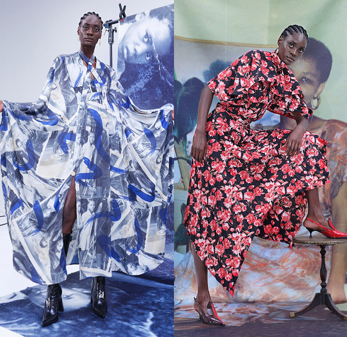 Thebe Magugu 2022 Spring Summer Womens Lookbook Presentation - Mode à Paris Fashion Week France - Genealogy Bandana Paisley Head Tie Cutout Holes Pockets Long Sleeve Blouse Accordion Pleats Bell Hem Shirtdress Onesie Brocade Jacquard Poufy Shoulders Puff Sleeves Blazer Jacket Pantsuit Sash Cape Poncho Spork Pot Photos Pictures Coat Handkerchief Hem Skirt Flowers Floral Dress Furry Turtleneck Knit Boatneck Fringes Trims Arm Warmers Patchwork Strapless Trenchdress Boots Kitten Heels