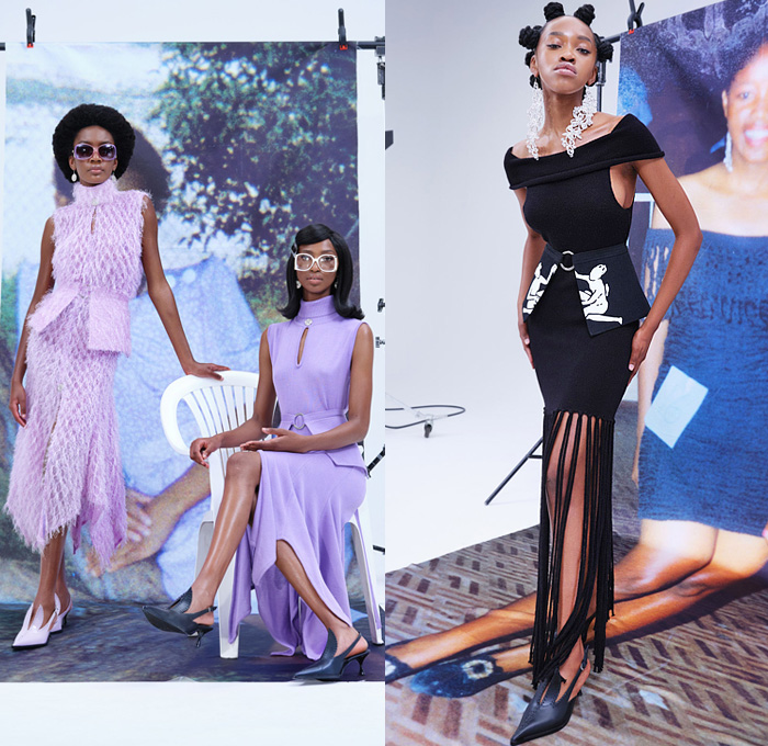 Thebe Magugu 2022 Spring Summer Womens Lookbook Presentation - Mode à Paris Fashion Week France - Genealogy Bandana Paisley Head Tie Cutout Holes Pockets Long Sleeve Blouse Accordion Pleats Bell Hem Shirtdress Onesie Brocade Jacquard Poufy Shoulders Puff Sleeves Blazer Jacket Pantsuit Sash Cape Poncho Spork Pot Photos Pictures Coat Handkerchief Hem Skirt Flowers Floral Dress Furry Turtleneck Knit Boatneck Fringes Trims Arm Warmers Patchwork Strapless Trenchdress Boots Kitten Heels