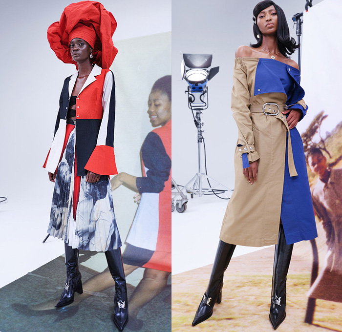 Thebe Magugu 2022 Spring Summer Womens Lookbook Presentation - Mode à Paris Fashion Week France - Genealogy Bandana Paisley Head Tie Cutout Holes Pockets Long Sleeve Blouse Accordion Pleats Bell Hem Shirtdress Onesie Brocade Jacquard Poufy Shoulders Puff Sleeves Blazer Jacket Pantsuit Sash Cape Poncho Spork Pot Photos Pictures Coat Handkerchief Hem Skirt Flowers Floral Dress Furry Turtleneck Knit Boatneck Fringes Trims Arm Warmers Patchwork Strapless Trenchdress Boots Kitten Heels