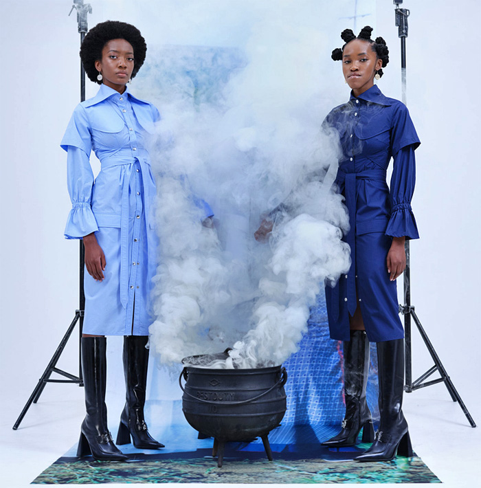 Thebe Magugu 2022 Spring Summer Womens Lookbook Presentation - Mode à Paris Fashion Week France - Genealogy Bandana Paisley Head Tie Cutout Holes Pockets Long Sleeve Blouse Accordion Pleats Bell Hem Shirtdress Onesie Brocade Jacquard Poufy Shoulders Puff Sleeves Blazer Jacket Pantsuit Sash Cape Poncho Spork Pot Photos Pictures Coat Handkerchief Hem Skirt Flowers Floral Dress Furry Turtleneck Knit Boatneck Fringes Trims Arm Warmers Patchwork Strapless Trenchdress Boots Kitten Heels