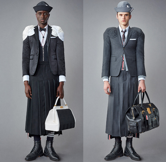 Thom Browne 2022 Resort Cruise Pre-Spring Mens Lookbook Presentation - Hector Airlines Dog Dachshund Doctor Bag Plane Toys Kites Clouds Patches Bucket Propeller Sailor Hat Padded Shoulders Suit Blazer Shirt Cardigan Trench Coat Parka Anorak Patchwork Fur Shearling Varsity Jacket Seersucker Knit Mesh Crochet Poncho Air Balloon Ride Plaid Check Argyle Bow Tie Accordion Pleats Manskirt Kilt Wide Leg Culottes Skinny Shorts Backpack Stripes Socks Galoshes Rain Duck Boots Brogues Loafers