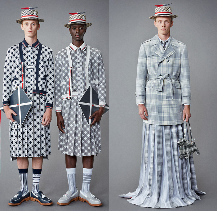 Thom Browne 2022 Resort Cruise Pre-Spring Mens Lookbook Presentation - Hector Airlines Dog Dachshund Doctor Bag Plane Toys Kites Clouds Patches Bucket Propeller Sailor Hat Padded Shoulders Suit Blazer Shirt Cardigan Trench Coat Parka Anorak Patchwork Fur Shearling Varsity Jacket Seersucker Knit Mesh Crochet Poncho Air Balloon Ride Plaid Check Argyle Bow Tie Accordion Pleats Manskirt Kilt Wide Leg Culottes Skinny Shorts Backpack Stripes Socks Galoshes Rain Duck Boots Brogues Loafers