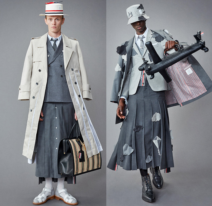 Thom Browne 2022 Resort Cruise Pre-Spring Mens Lookbook Presentation - Hector Airlines Dog Dachshund Doctor Bag Plane Toys Kites Clouds Patches Bucket Propeller Sailor Hat Padded Shoulders Suit Blazer Shirt Cardigan Trench Coat Parka Anorak Patchwork Fur Shearling Varsity Jacket Seersucker Knit Mesh Crochet Poncho Air Balloon Ride Plaid Check Argyle Bow Tie Accordion Pleats Manskirt Kilt Wide Leg Culottes Skinny Shorts Backpack Stripes Socks Galoshes Rain Duck Boots Brogues Loafers